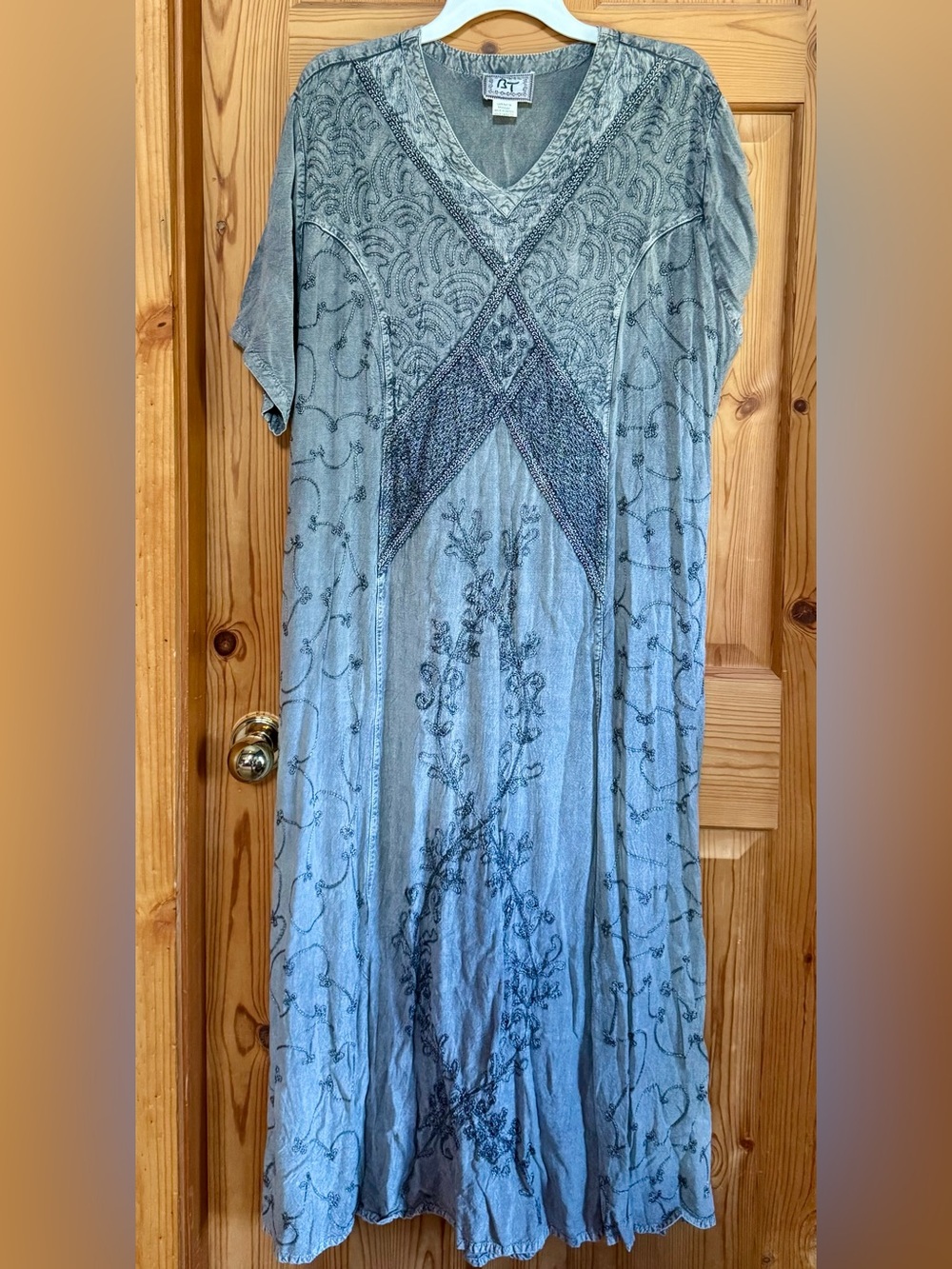 Embroidered Light Blue Maxi Dress with V-Neck